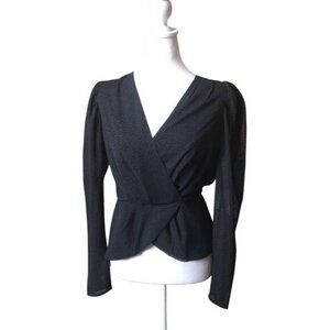 Express Women's Small Puff Chiffon Sleeve Black V-Neck Faux Wrap Textured Blouse